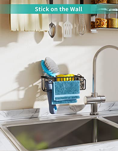 Hapirm 4 In 1 Adhesive Sponge Holder Sink Caddy, Sus304 Stainless Steel Sink Basket Brush Holder + Dish Cloth Hanger + Soap Rack + Sink Stopper Holder, Two Installation Ways Kitchen Sink Caddy - Black #TOP4