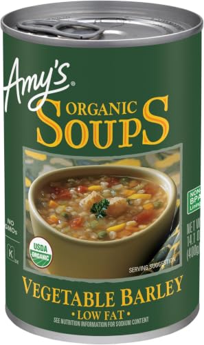 Image of Amy's Soup, Vegan Vegetable Barley Soup, Low Fat, Made With Organic Tomatoes, Carrots and Celery, Canned Soup, 14.1 Oz (Pack of 5)