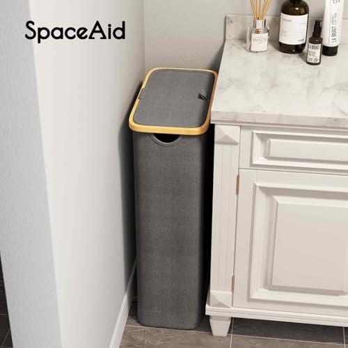 SpaceAid Slim Laundry Hamper with Lid, 65L Narrow Clothes Basket Bin with Bamboo Handles, Skinny Tall Collapsible Hamper for Bedroom, Bathroom, Dorm, Laundry Room - Grey