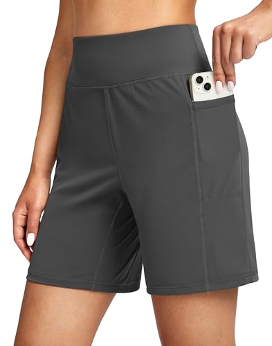 G Gradual Women's 7'' Athletic Long Shorts with Pockets High Waisted Stretch Bermuda Shorts for Women Walking Workout Casual(Dark Grey,XL)