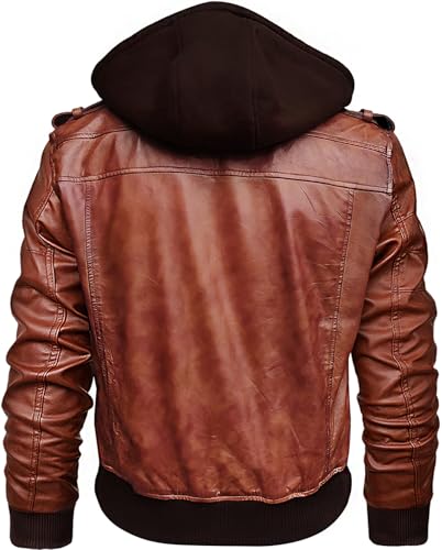 Removable Hooded Bomber Leather Jacket - Real Leather Motorcycle Jacket For Men4
