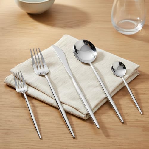 Image of 5 Pcs Silver Cutlery Set for Dining Table the Perfect Lightweight Silim Handle Tableware Including Dinner Spoon, Dinner Fork, Dinner Knife, Dessert Spoon & Dessert Fork