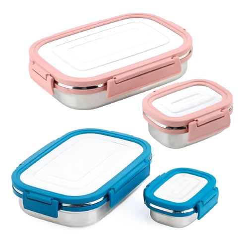 Image of Stainless Steel Lunch Box, 1000ml + 200ml, Leakage Proof /Airtight Containers Lunch /Tiffin Box for Office, School Use, Bento Lunch Box for Men /Women, 4 Side Clip Lock Lid - Blue /Pink (Combo)