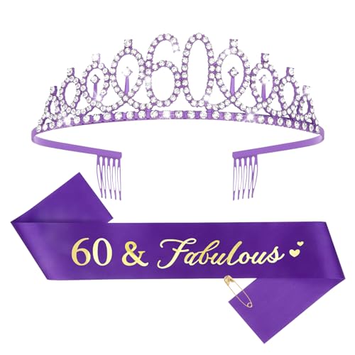 CIEHER 60th Birthday Crown and Sash - Purple 60th Decorations Womens 60 & Fabulous Sash