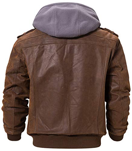 Image of FLAVOR Men Brown Leather Motorcycle Jacket with Removable Hood | Genuine Leather, Removable Hood, Windproof, Multi Pockets, Fall Winter Coats, Riding and Daily Wear, Moto Biker Jacket Men