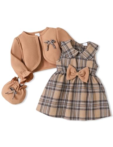 3-4T Toddler Girl Clothes Warming Fall Winter Clothes for Little Girls Trendy Cozy Kids Fashion Set Plaid Dress Outfit Brown Cardigan Cute Bow Checkered Dress Matching Purse 3 Pcs