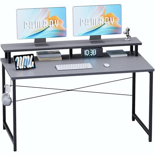 Image of Pamray 47 Inch Small Computer Desk with Monitor Stand, Simple Office Desk with Headphone Hook for Small Spaces, Kids Study Writing Table for Bedroom, Grey