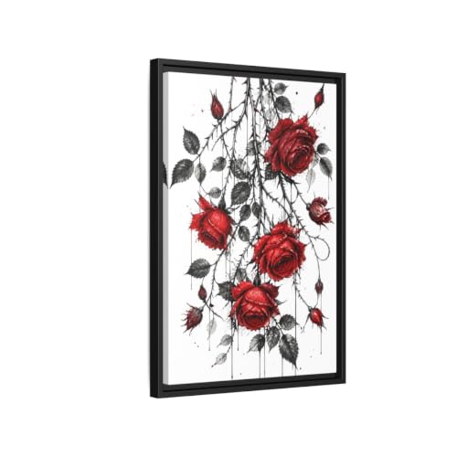 Toile imprimée fleurs roses rouge et noir de 40x60 cm avec cadre vertical