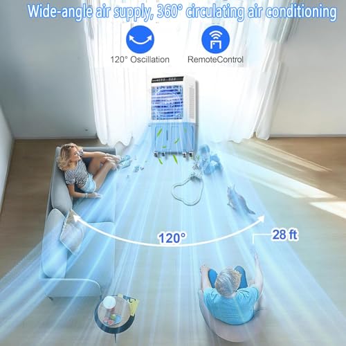 Enfriador de aire portátil de 40 L con hielo, oscilante 120°, silencioso <40 dB, control remoto, 3 velocidades, eficiencia energética para uso en oficina y patio