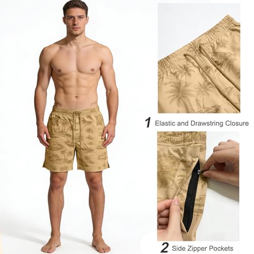 Image of Men's Swim Trunks with Compression Liner, Quick Dry Hawaiian Swimwear Bathing Suit Drawstring Board Shorts