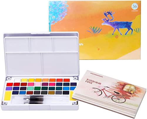 Set de Peinture Aquarelle, 36 Couleurs Peinture Aquarelle Palette Boîte Aquarelle Professionnelle avec 12 Papiers +2 Pinceau Reservoir d'Eau +2 Eponge de Nettoyage, Peinture à l'Aquarelle Portable