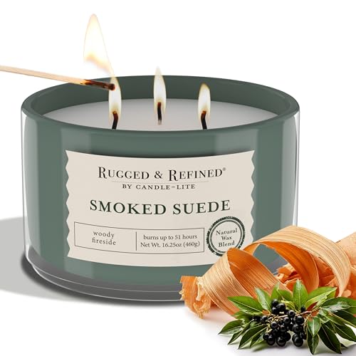 Candle-Lite Scented Candles for Men, Smoked Suede Fragrance, 16.25 oz Jar, 3-Wick, 51 Hours of Burn Time, Masculine Aromatherapy with Long Lasting Scent, Ideal Gift for Father's Day and Home Decor