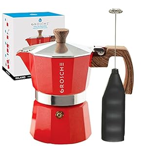 GROSCHE Milano Stove top espresso maker 3 espresso cup size 5 oz Red and battery operated milk frother bundle for lattes