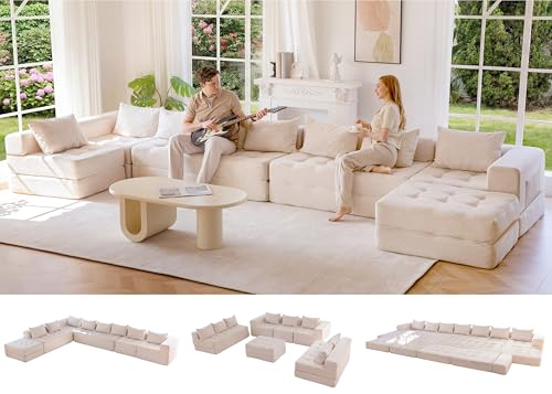 Image of MAXYOYO Modular Sectional Sofa Couch, Foldable Oversized U Shaped Cloud Couch with Pillows, Tufted Boneless Lounger Floor Sofa Bed for Living Room, No Assembly Required, Beige
