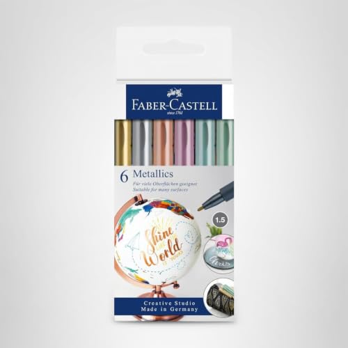 Faber-Castell 160706 - Metallics Marker mit Faserspitze, 1,5 mm Strichstärke, für viele Oberflächen geeignet, mit Metalliceffekt in gold, silber, bronze, lila, blau und grün, 6er Set