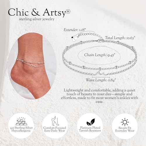 Image of CHIC & ARTSY 925 Sterling Silver Ankle Bracelets for Women, Adjustable Layered Foot Chains with Nature & Symbol Charms, Lightweight Comfort Fit Boho Beach Everyday Jewelry