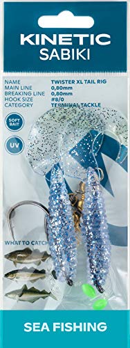 Sabiki Kinetic Twister XL Tail Rig - Vorfach mit 2 großen Twistern, Länge 130cm, Haken 8/0, 3 Farben, Schnur 0,80mm (Blue/Silver)