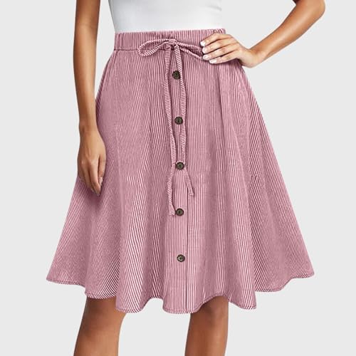 Women's Knee Length Casual Skirt Stretchy Button Elastic High Waist Skirts Striped A-Line Flared Vintage Midi Clothes4