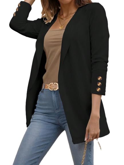 Womens Blazer Long Sleeve Open Front Work Office Jacket Casual Button Down Solid Color Stretch Cardigan