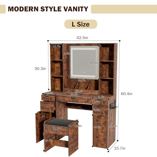 Vanity with Mirror and Lights, Makeup Vanity Table Set, Dressing Table, Large Wood Vanity with Chair, Touch-Sensitive Dimmable Mirror, Shelves and Drawers. Industrial Style Vintage Brown - Image 3