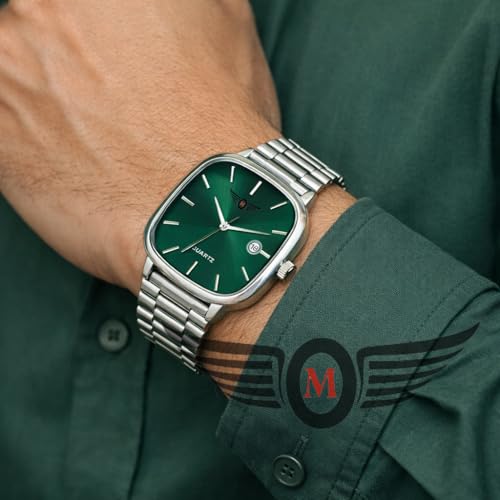 Image of Minimalist Men's Square Dial Watch with Date | Comfortable Stainless Steel Quartz Analog Wristwatch | Casual & Formal Timepiece