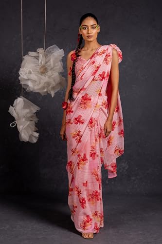 Image of MIRCHI FASHION Saree for Woman Georgette Floral and Leaf Printed | Elegant Farewell and Ceremonial Women's Sari with Blouse Piece