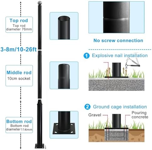 26 Ft Solar Street Light Pole, Heavy Duty Waterproof Metal Lamp Post for Outdoor Use, Ideal for Backyard, Parking Lot, Walkway, Camera, Garden & Park Lighting