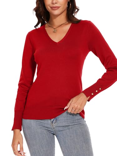 Image of Spicy Sandia Women's V Neck Pullover Sweaters with Dressy Cuffs | Long Sleeve Business Casual Knit Tops
