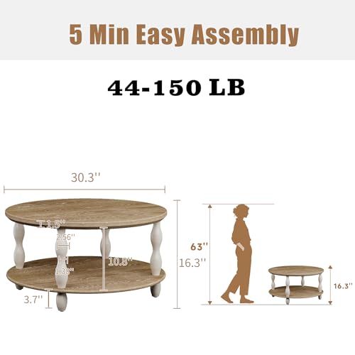 karlott Farmhouse Coffee Table, 30.3" Round Coffee Tables for Living Room, Solid Wood Veneer 2-Tier Center Table with Storage Shelf, Pine Leg, Boho Rustic, Easy Assembly, Cream Beige — view 2