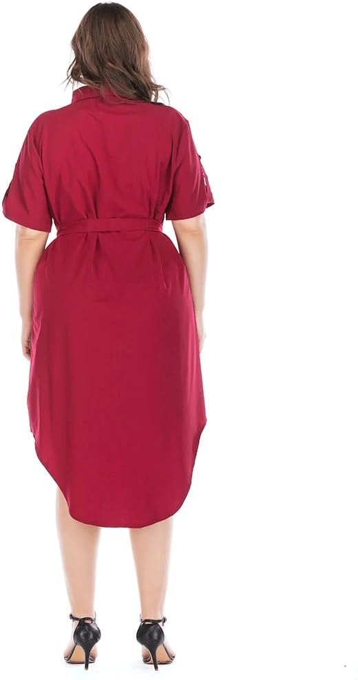 JSEIAJB Women Casual Shirt Dress Irregular Hollow Out Sashes with Bottons Office Ladies Shirt Dress