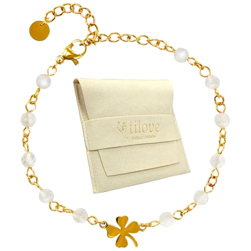 TILOVE - Bracciale in pietra di luna naturale, per litoterapia da donna con trifoglio portafortuna, in acciaio inossidabile. Progettato in Francia. Braccialetto Chakra Benessere. Idea regalo donna,