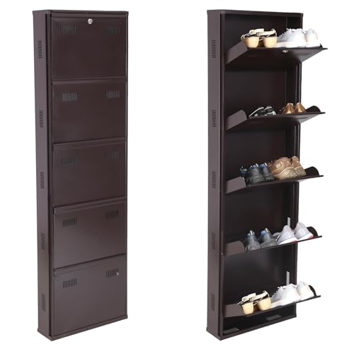 Image of Metal Shoe Rack Wall Mounted for Home with Central Locking | 5 Door 20 inch Wall Mounted Metal 10 Pair Shoe Rack Cabinet | Pre-Assembled Rack Shelves | 3 Year Warranty (Brown)