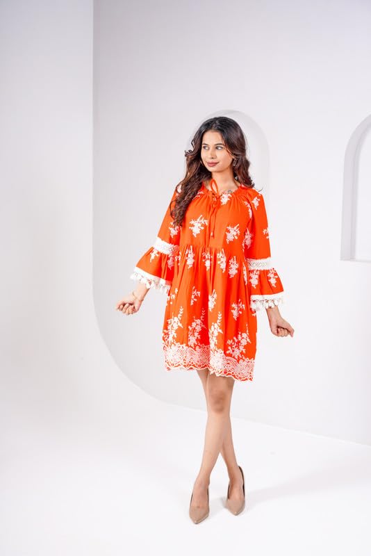 Image of Midi Dress|Stylish Floral Midi Dress | Breezy & Comfortable Office, Casual, College Wear Fit & Flare Short Dress | Short Kurti for Women Latest