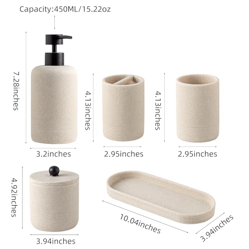 Haocoott Bathroom Accessories Set, 6 PCS Modern Bathroom Accessory Set with 15.2 OZ Soap Dispenser, Toothbrush Holder, Vanity Tray, Tumbler, 2 PCS Qtip Holders (Beige) by Haocoott - Image 6