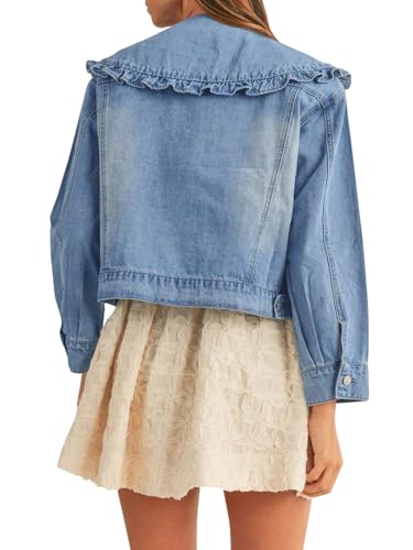 Takaneo Womens Denim Jacket Peter Pan Collar Cute Cropped Long Sleeve Shirts Jean Coat with Pockets4