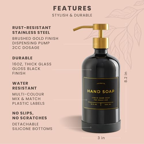Image of Hand and Dish Soap Dispenser for Kitchen and Bathroom, Set of 2 16 Oz Glass Bottles, Stainless Steel Pumps, Non-Slip Silicone Base, 27 Waterproof Labels (Gloss Black Bottle /Brushed Gold Pump)