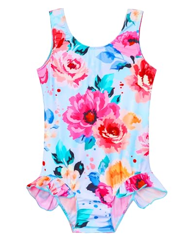 Image of Snowheart Girls Bathing Suit Toddler Swimsuit Girl Hawaiian Floral Ruffle One-Piece Breathable Swimwear 4-10T