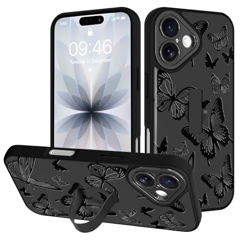 Image of for iPhone 17 Case with Finger Strap Holder, Cute Cool Butterfly Print Pattern Design for Women Men, Shockproof Anti Scratch Hand Kickstand Protective Cover, Gray
