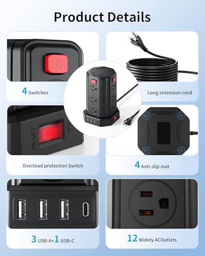 Power Strip Surge Protector, 6.5 Ft Extension Cord with 12 AC Multiple Outlets 4 USB (1 USB C), SMALLRT Power Tower Desktop Charging Station (Black, 6.5 Ft) - Thumbnail 2