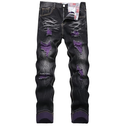 CIVYCEBY Mens Ripped Jeans Distressed Slim fit Jeans for Men Straight Leg Comfort Flex Black Jeans Designer Fashion Pants (32 Black Purple-Slim)