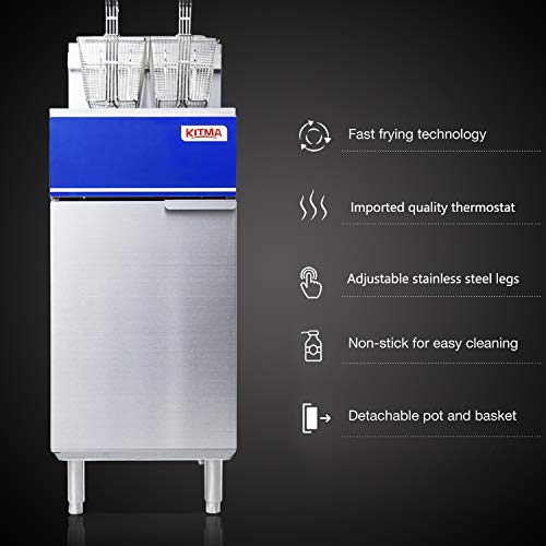 DBTIN Commercial Deep Fryer Propane - 40lb Deep Fryer - Liquid Propane 3 Burners Floor Fryers with 2 Fryer Baskets & Tank- Restaurant Kitchen Equipment for French Fries, 90,000 BTU, silver, KITMA - Thumbnail 3