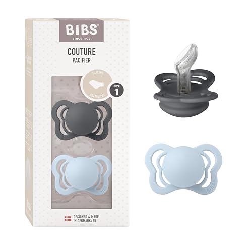 Image of BIBS Pacifiers - Couture Collection | BPA-Free Anatomical Nipple | Silicone | Made in Denmark | Set of 2 Iron/Baby Blue Color Premium Soothers | Size 0-6 Months