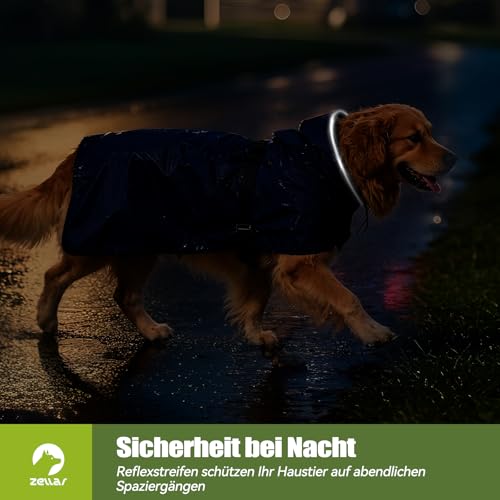 Zellar Hunderegenmantel, Wasserdicht & Verstellbar - Leichte Regenjacke mit Reflektierendem Streifen & Kragenloch für Mittelgroße, Große Hunde, Schnell-Anlege-System, Atmungsaktiv (L, Blau)