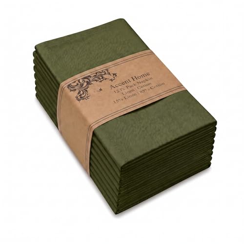 ACCENTHOME Olive Green Cotton Linen Napkin Set of 12 18x18 inch Dinner