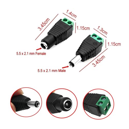 JZK 3 Pairs 5.5mm x 2.1mm DC power adaptor connector, 12V male female screw terminal connector, DC socket/plug adapter for CCTV security camera, router, LED strip light