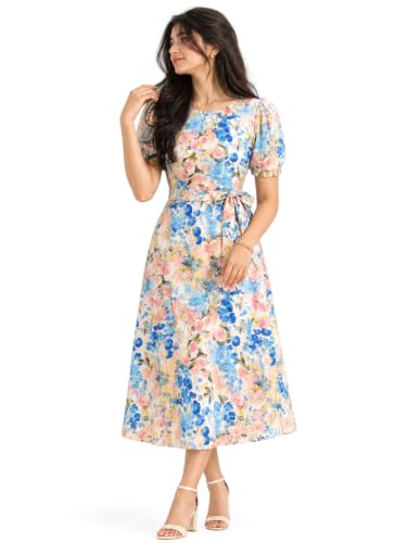 HELLCAT Women Floral Fit & Flare Midi Dress | Round Neck, Puff Sh...