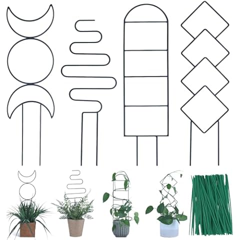 Wellsign Indoor Plant Trellis for Climbing Plants, 16inch Small Garden Metal Trellis for Potted Plants Outdoor with Different Patterns for Vine Ivy Flower Plant Support 4 Pack Cover