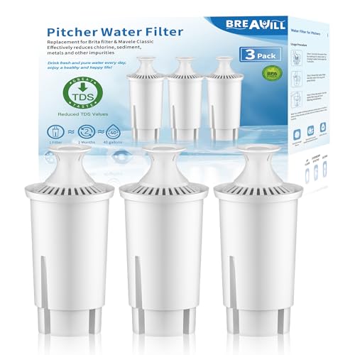 BREAUILL Water Filter Replacement Fit for Brita Filter, Pitchers, New Upgraded Filter to Reduce TDS, Chlorine etc., 3PCS Replacement Filters Compatible with Brita Classic, OB03, Mavea 107007 35557