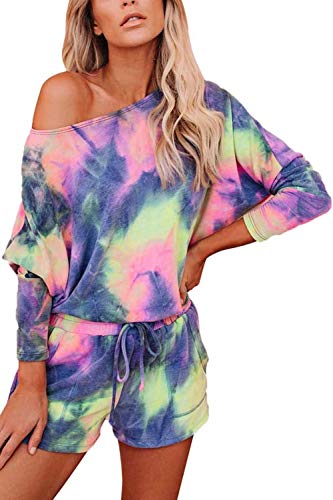 Women's 2 Piece Tie Dye Sleepwear Long Sleeve Shorts Pocketed Outfits Lounge Set Navy Blue L