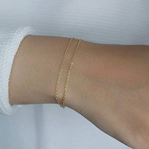 Image of Womens Dainty Gold Chain Bracelet,Simple Layered Chain Bracelets,Beaded Turquoise Bracelet,Charm Crystal Bar,Heart,Karma,Triangle,Pearl Bracelets for Women